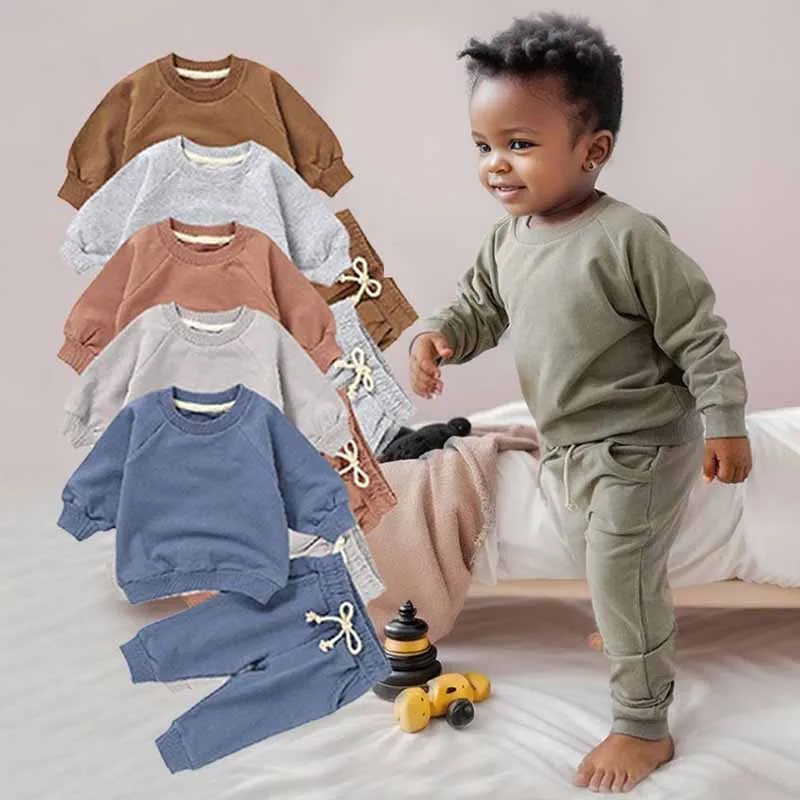 Kids Toddler Boys Girls Casual Cute Solid Color Long Sleeve Sweatshirts Trousers Sets