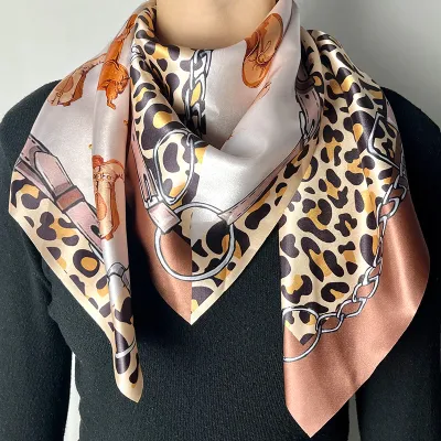 Silk-Like Large Square 90cm Western Retro Ethnic Style Leopard Boots Scarf