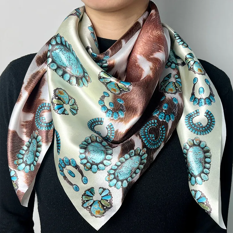 Women 90cm Vintage Turquoise Leopard Print Square Scarf