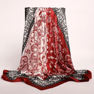 Two-Color Colorblock Paisley Retro Silk-Like Square Scarf