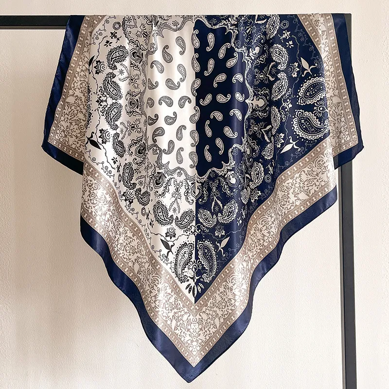 Two-Color Colorblock Paisley Retro Silk-Like Square Scarf