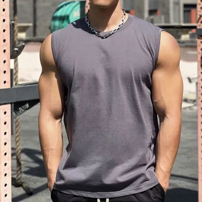Men Basic Casual Sports Solid Color Sleeveless Round Neck Ripped Cotton T-Shirt