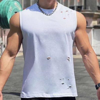 Men Basic Casual Sports Solid Color Sleeveless Round Neck Ripped Cotton T-Shirt