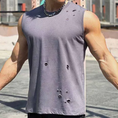 Men Basic Casual Sports Solid Color Sleeveless Round Neck Ripped Cotton T-Shirt
