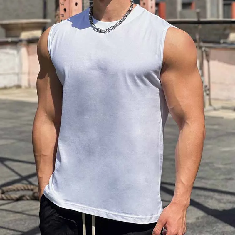 Men Basic Casual Sports Solid Color Sleeveless Round Neck Ripped Cotton T-Shirt