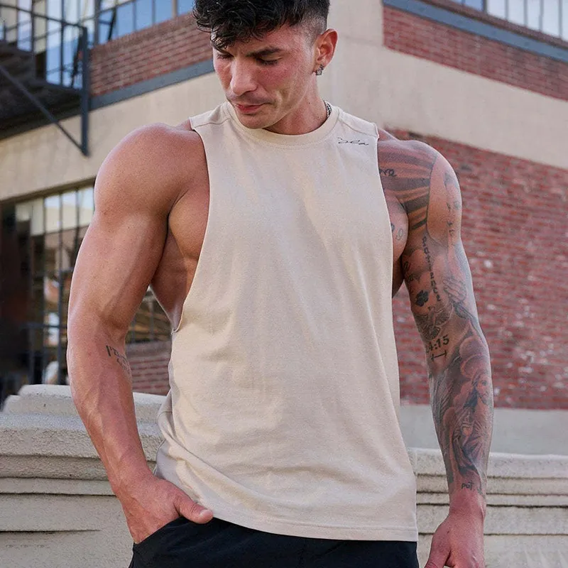 Men Basic Casual Sports Solid Color Sleeveless Round Neck Cotton T-Shirt