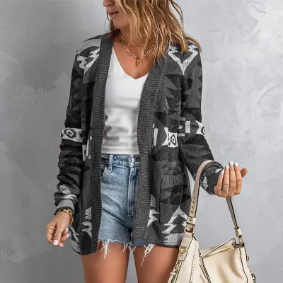 Autumn Winter Women Geometric Jacquard Knitted Long Sleeve Cardigan