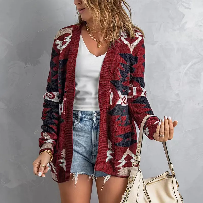 Autumn Winter Women Geometric Jacquard Knitted Long Sleeve Cardigan