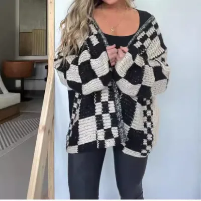 Autumn Winter Women Fashion Plaid Long Sleeve Knitted Cardigan Sweater Coat