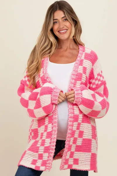 Autumn Winter Women Fashion Plaid Long Sleeve Knitted Cardigan Sweater Coat