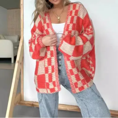 Autumn Winter Women Fashion Plaid Long Sleeve Knitted Cardigan Sweater Coat