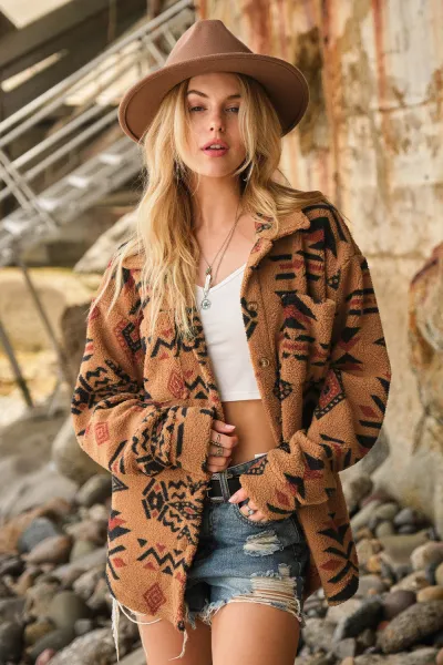 Autumn Winter Women Retro Geometric Plush Lapel Long Sleeve Jacket