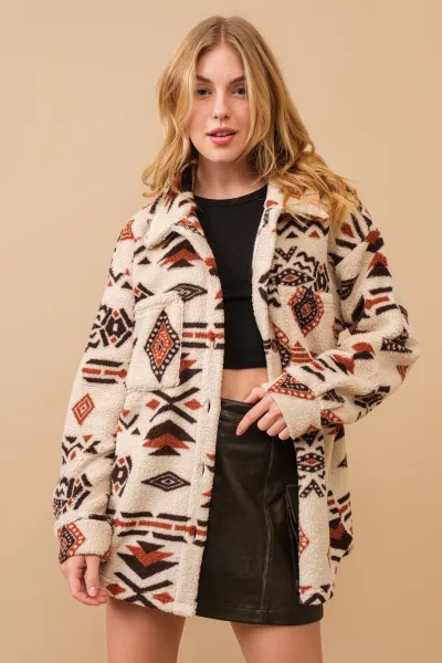 Autumn Winter Women Retro Geometric Plush Lapel Long Sleeve Jacket