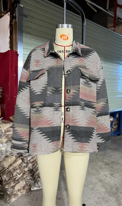Autumn Winter Women Retro Geometric Print Long Sleeve Wool Coat