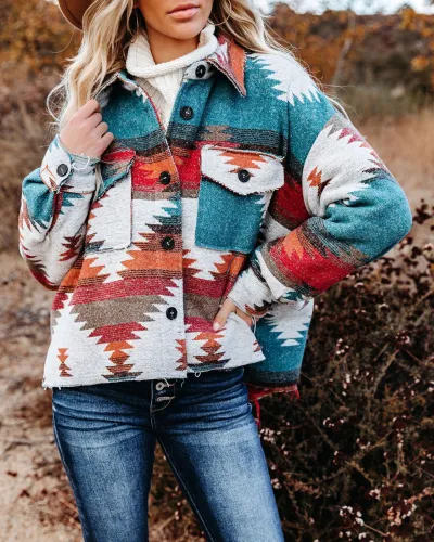 Autumn Winter Women Retro Geometric Print Long Sleeve Wool Coat