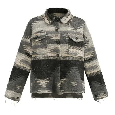 Autumn Winter Women Retro Geometric Print Long Sleeve Wool Coat