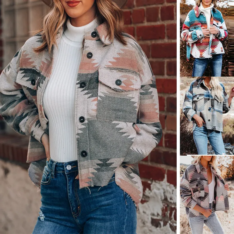Autumn Winter Women Retro Geometric Print Long Sleeve Wool Coat