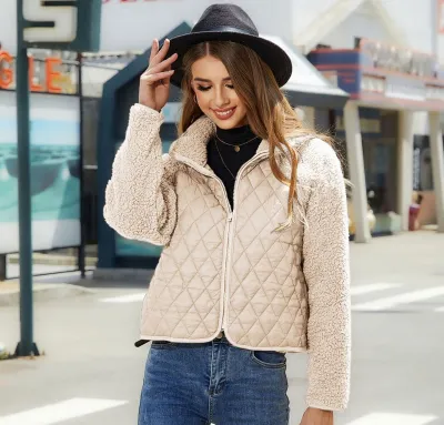 Autumn Winter Women Fashion Plush Plaid Long Sleeve Zipper Jacket