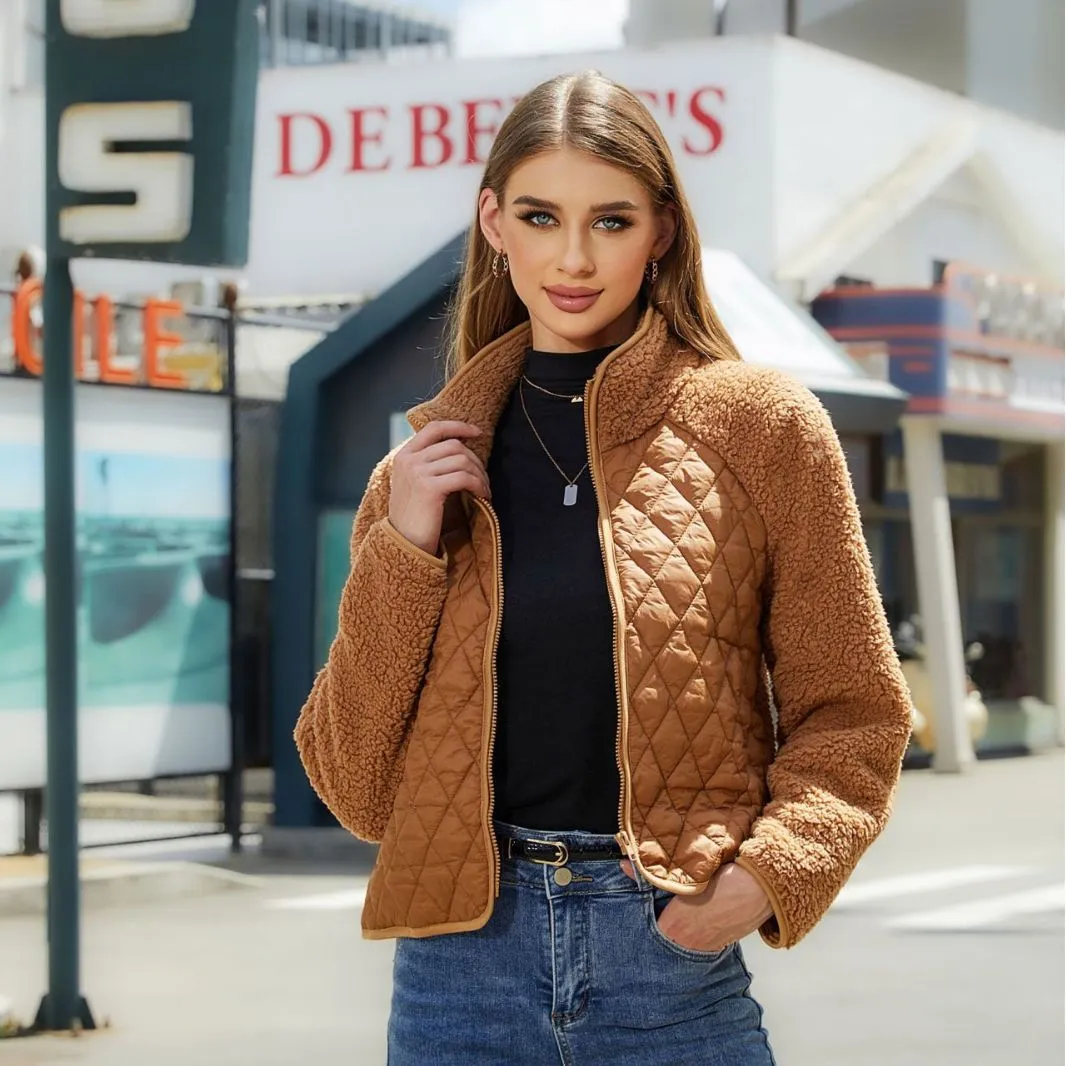 Autumn Winter Women Fashion Plush Plaid Long Sleeve Zipper Jacket