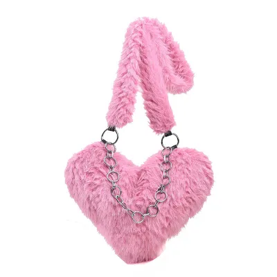 Creative Fashion Solid Color Plush Heart Shoulder Bag Medium