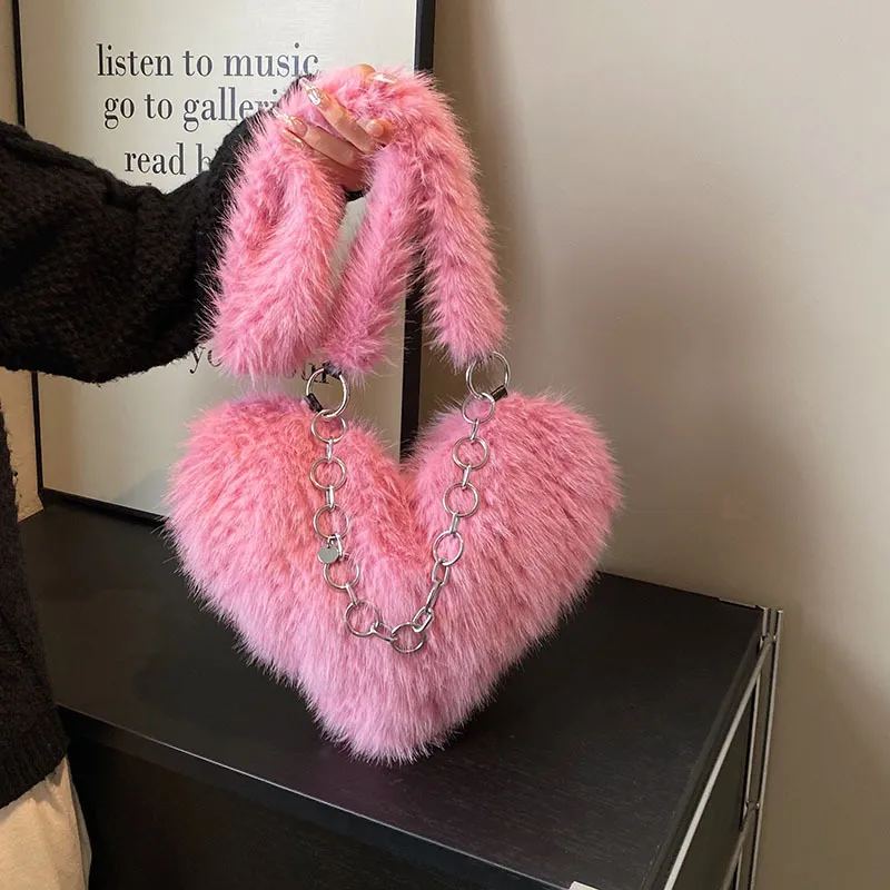 Creative Fashion Solid Color Plush Heart Shoulder Bag Medium