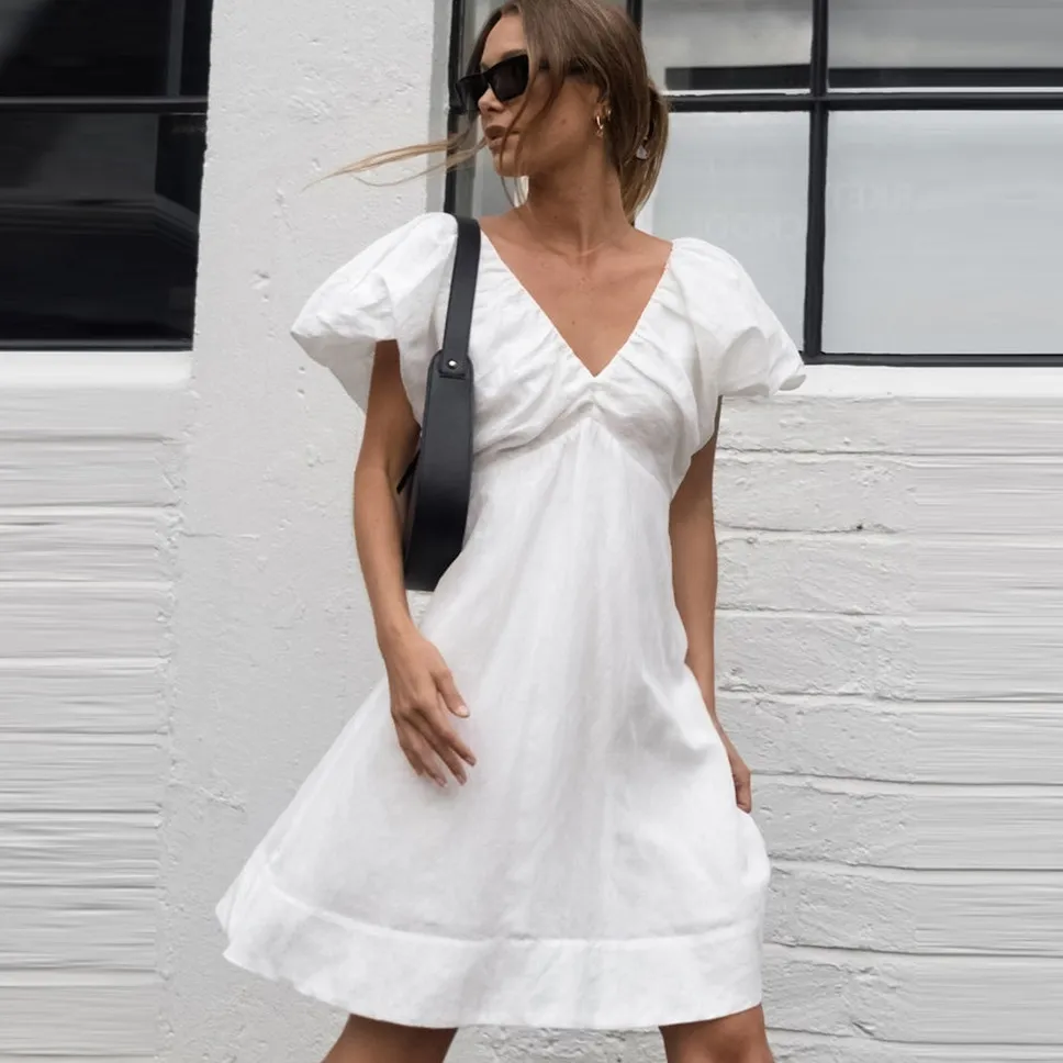 Summer Women Fashion Solid Color V-Neck Puff Sleeve Dress