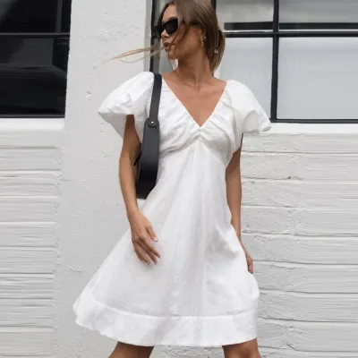 Summer Women Fashion Solid Color V-Neck Puff Sleeve Dress