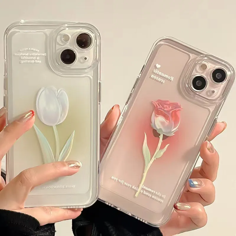 Women's Fashion Transparent Tulip Painted Soft Shell Phone Case for iPhone 11/12/13/14 Pro Max