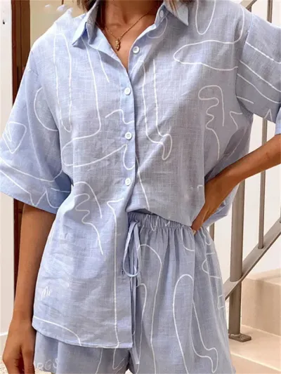Plus Size Spring Summer Loose Casual Comfortable Women Short-Sleeved Shirt Blouse Shorts Two-Piece Set