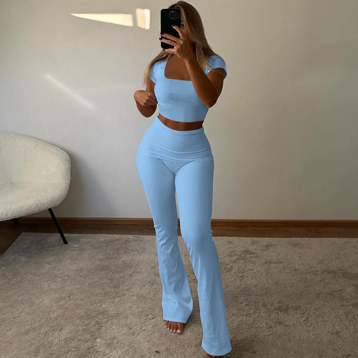 Women Summer Rib-Knit U-Neck Short Sleeve Square Collar Top Turn-Up Pants Two-Piece Sports Yoga Set