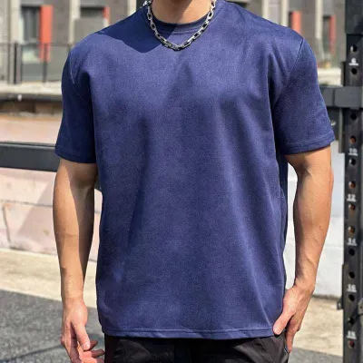 Men Fashion Casual Basic Suede Solid Color Short Sleeve Round Neck T-Shirt
