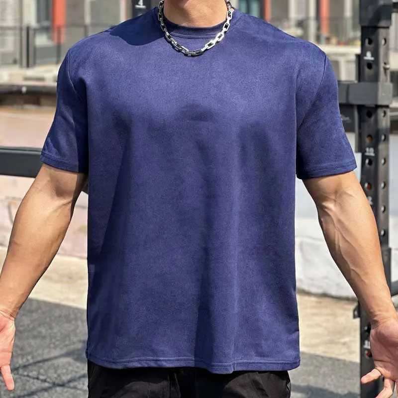 Men Fashion Casual Basic Suede Solid Color Short Sleeve Round Neck T-Shirt