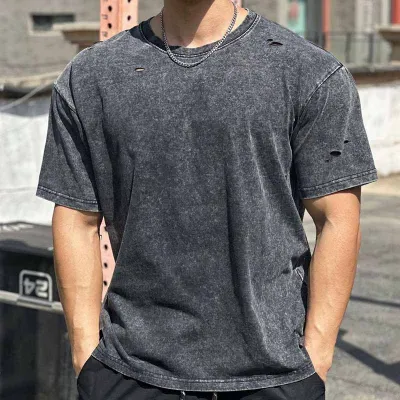 Men Fashion Casual Basic Solid Color Short Sleeve Crewneck Ripped T-Shirt