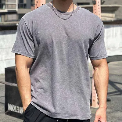 Men Fashion Casual Basic Solid Color Short Sleeve Crewneck Ripped T-Shirt