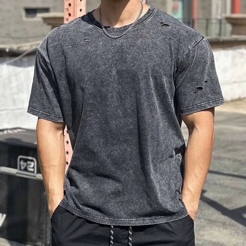 Men Fashion Casual Basic Solid Color Short Sleeve Crewneck Ripped T-Shirt