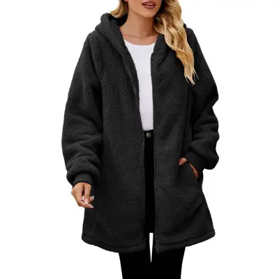 Autumn Winter Women Fashion Solid Color Thickened Plush Long Sleeve Hooded Cardigan Jacket
