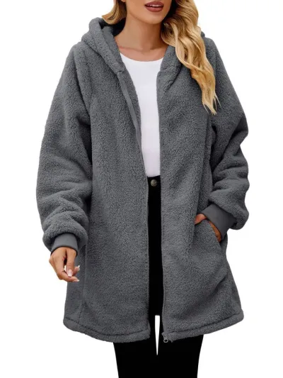 Autumn Winter Women Fashion Solid Color Thickened Plush Long Sleeve Hooded Cardigan Jacket