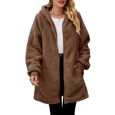 Autumn Winter Women Fashion Solid Color Thickened Plush Long Sleeve Hooded Cardigan Jacket