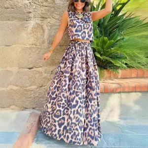 Women Fashion Sexy Leopard Print Sleeveless Backless Top Skirt Two-Piece Set