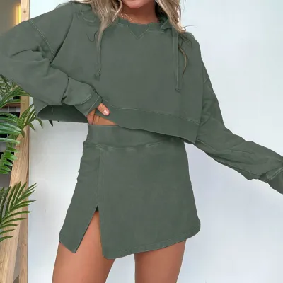 Women Casual Solid Color Long Sleeve Hooded Sweater Split Skirt Two-Piece Set