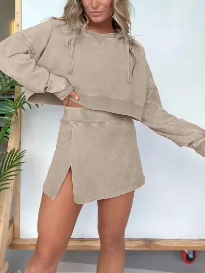 Women Casual Solid Color Long Sleeve Hooded Sweater Split Skirt Two-Piece Set