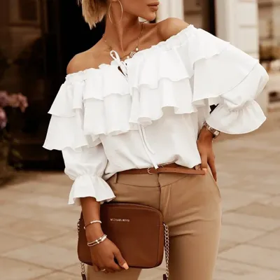 Women Elegant Solid Color Chiffon Off-the-shoulder Ruffled Casual Loose Blouse