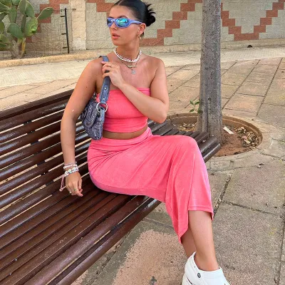Summer Women Fashion Sexy Solid Color Strapless Tanks Skirt Two-Piece Set