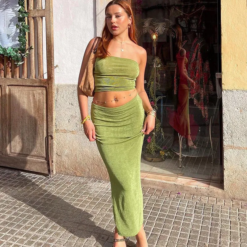 Summer Women Fashion Sexy Solid Color Strapless Tanks Skirt Two-Piece Set