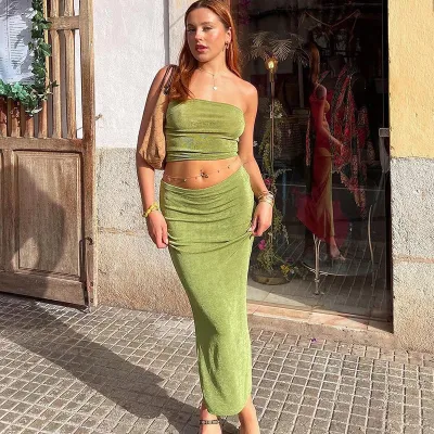Summer Women Fashion Sexy Solid Color Strapless Vest Skirt Two-Piece Set