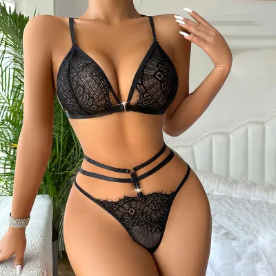 Women Sexy Black Lace Strap Lingerie Set