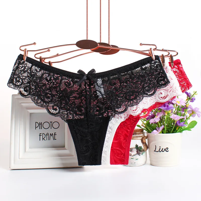 Women Sexy Transparent Lace Hollow Thong Panties