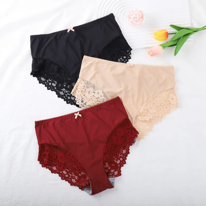 Women Sexy Lace Stitching Breathable High Waist Panties
