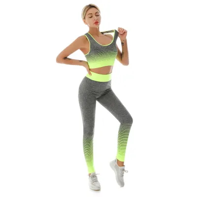 Women Casual Stretch Gradient Sports Bra High Waist Yoga Pants Two-Piece Set