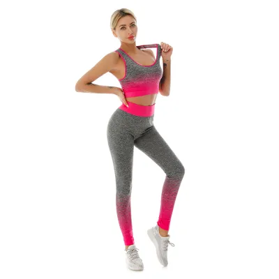 Women Casual Stretch Gradient Sports Bra High Waist Yoga Pants Two-Piece Set